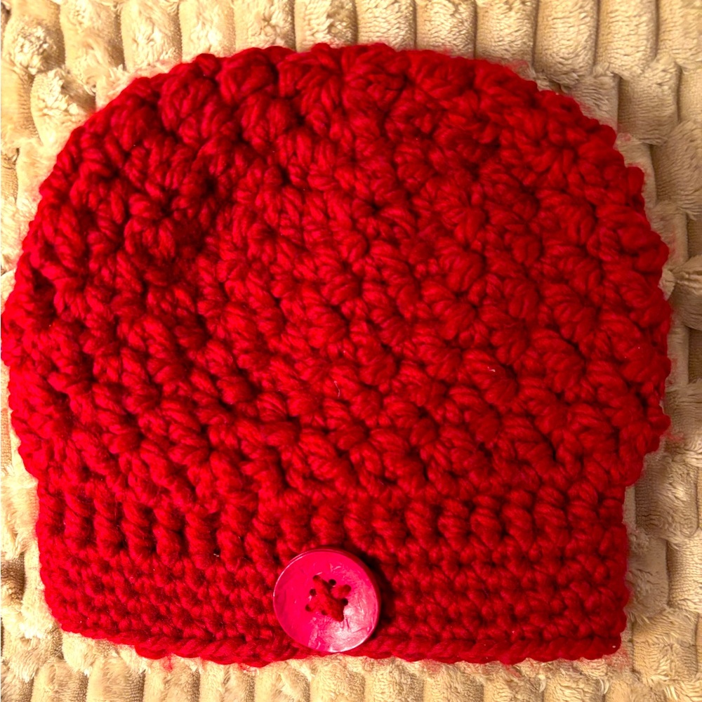 Hand Knit Red Knit Beanie with Button